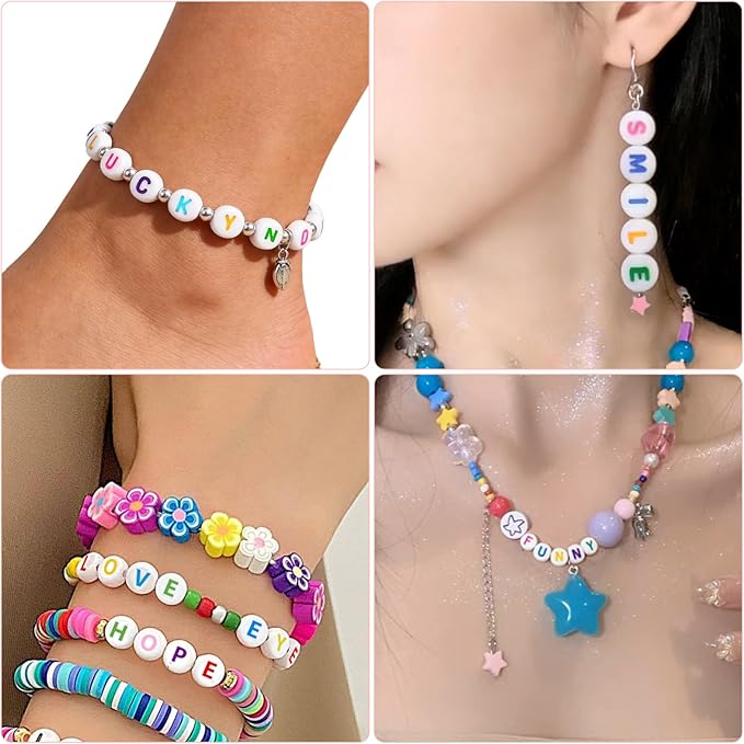 sutoug 1000pcs letter beads for threading, 4 x 7 mm acrylic round alphabet beads for jewellery diy making crafts bracelets necklaces ornaments-white