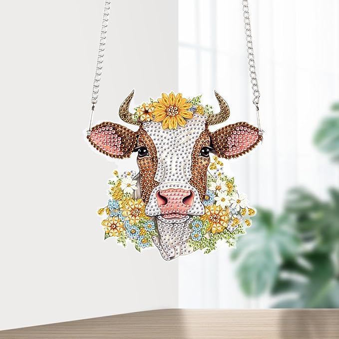 AiYuanzsh Cow Diamond Art Hanging Pendant Kit, 5D DIY Acrylic Crystal Rhinestones Diamond Painting Ornament, Wall Door Window Decoration, Handmade Craft Gift for Adults
