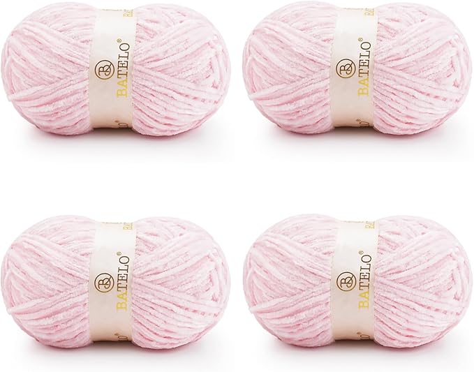 Velvet Chenille Yarn for Crocheting & Knitting 1440 Yards, Soft Thick Fluffy Bulky Blanket Yarn, 4 Pack of 10.5oz (Baby Pink)