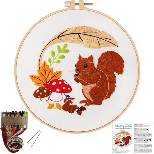 Louise Maelys Animal Embroidery Kits for Beginners with Autumn Squirrel Pattern,Adults Starter Cross Stitch Kit DIY Needlepoint