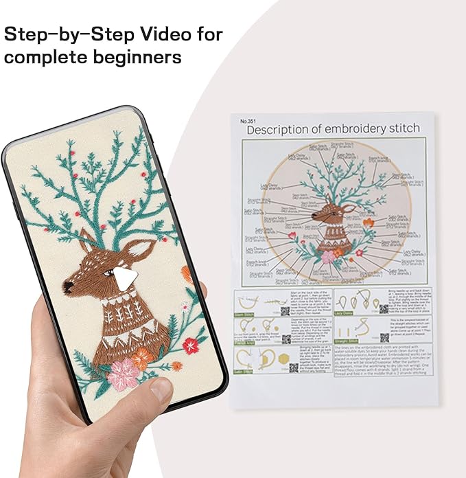 JOINRUN Beginner Embroidery Kit for Adults, Deer Cross Stitch Kits with 7.9" Hoop, Threads, Needles, Learn Stitches with Pre-Printed Patterns, Video Tutorial, DIY Needlework Craft Gift for Women