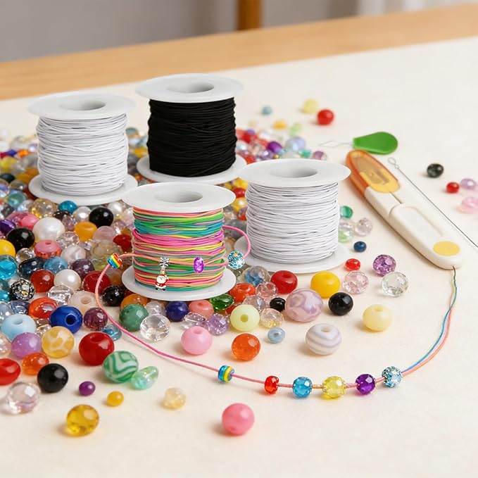 Stretchy String for Bracelet Making Kit, 4 Rolls 660 ft 1mm Elastic Cord, 2 White & 1 Black & 1 Rainbow, Includes Soft Measuring Tape & Craft Scissors for Jewelry Beading, Necklaces, DIY Crafts