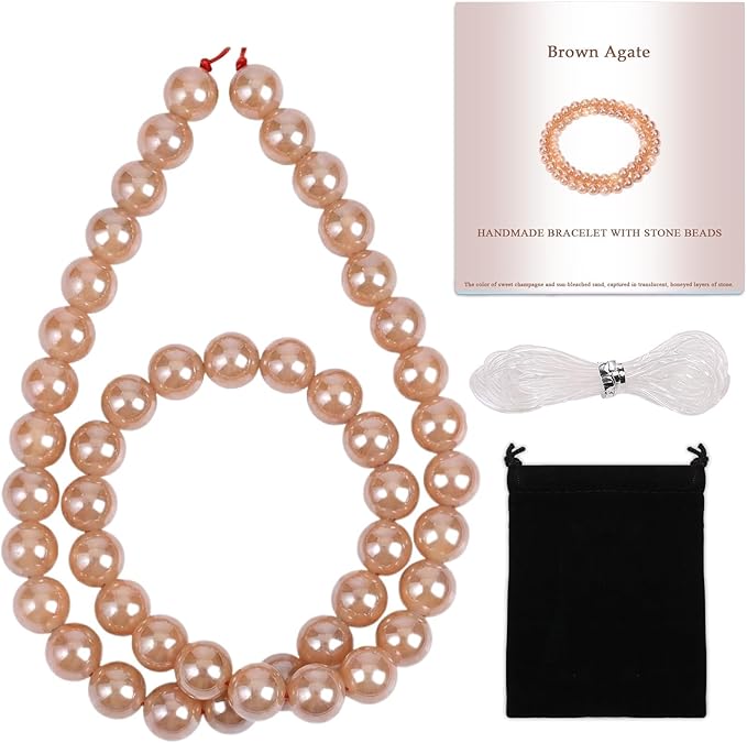 Stone Beads, 45pcs Brown Agate, 8mm Round Loose Beads for Jewelry Making, Bracelets, with Bag, String & Card