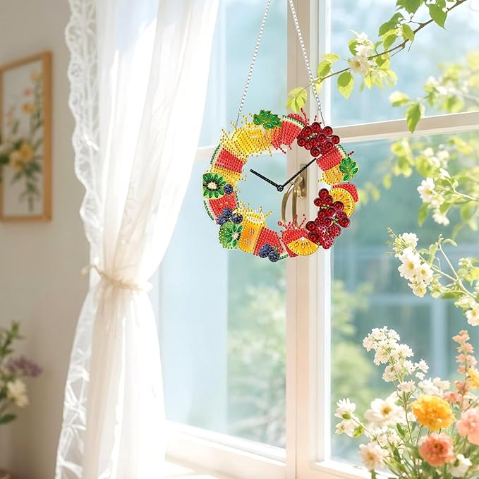 Lxmsja DIY Fruit Clock Diamond Painting Hanging Ornament, Double-Sided Acrylic Orange Juice Diamond Art Kit, Special Shaped Suncatcher Hanging Pendant Window Art Kit 8x8 inch