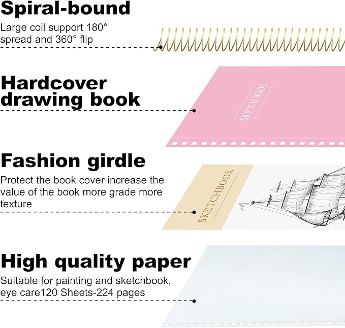 9 x 12 inches Hardcover Sketchbook for Drawing 120 Sheets Spiral Bound Sketch Pad Premium Art Sketchbook Artistic Drawing Painting Writing Paper(68lb/100gsm) for Kids Adults Beginners Artists, Pink