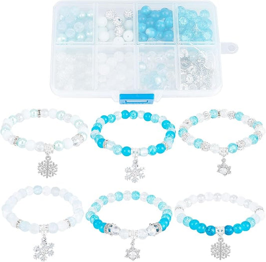 SUNNYCLUE 1 Box 209Pcs 6 Sets Snowflake Bracelet Making Kit Winter Charms Snow Snowflake Charms Christmas Bracelet Sets Glass Beads for Jewelry Making Kits Beginners Starter Women Gift