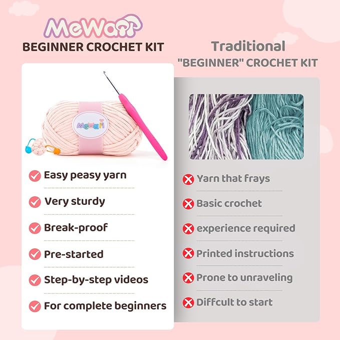 Mewaii Beginner Crochet Kit with 40% Extra Yarn, Pre-Started Yarn & Video Tutorials - 3 Axolotl Craft Set for Adults & Kids
