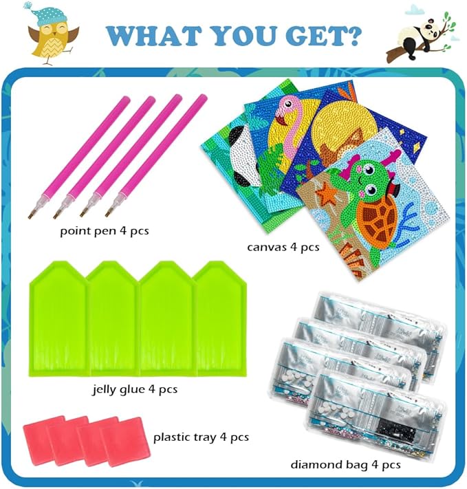Labeol Diamond Art Kits for Kids Crafts for Girls Ages 6-8-10-12 Easy to DIY Creative Diamond Art Sticker Craft by Numbers Kits for Kids and Adult Beginners (4 Pack Adorable)