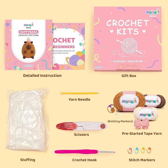 Mewaii Crochet Kit for Beginners Level 1 with 40% Extra Eco-Friendly Pre-Started Easy Yarn, Step-by-Step Video Tutorials for Adults and Kids (Happybara)