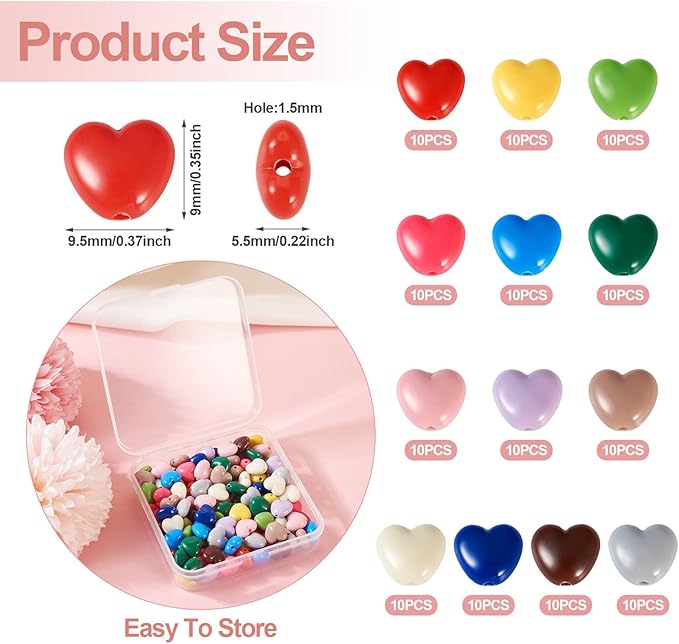 FASHEWELRY 130Pcs Macaron Colors Acrylic Heart Beads Candy Color Love Heart Beads Cute Sweet Pony Bead Bulk for Valentine Day Bracelet Necklace Jewelry Making