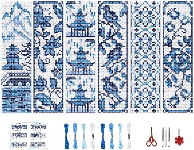 BEUNITONE Cross Stitch Bookmark Kit 6 Pcs Watercolor DIY Bookmarks Cross Stitch Kits for Beginners Birds Flower Stamped Embroidery Bookmark with Landscape Patterns Craft Kit for Gifts 8''x2.4''