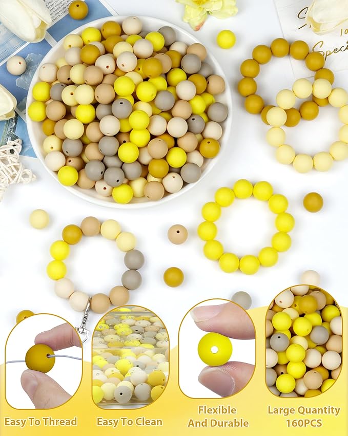 160pcs fiveizero silicone beads for keychain making, yellow mixed 6 colors round silicone beads bulk for pens, rubber bead for bracelets and diy crafts