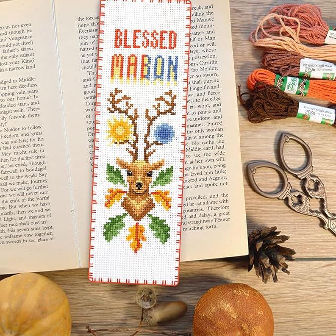 Povitrulya Cross Stitch Bookmark Kit “Mabon“ – Counted DIY Embroidery Set for Adults & Beginners, Autumn Equinox Pagan Wiccan Alban Elfed Harvest Festival Needlework Gift