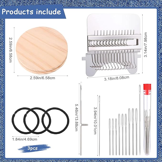Mini Darning, Knit Patch Kit for Beginners, Wooden Weaving Tool with Stainless Steel Needles, Portable Darning Looms Kit for Quickly Mending eans Clothes Tapestries Carpets Scarves (14 Hooks)
