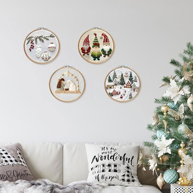 LB Christmas Embroidery Kit for Beginners: 4-Piece Cross Stitch Set with Green Plant, White Snowflake & Gnomes | Adults DIY Starter Kit Includes Hoop, Threads and Tools