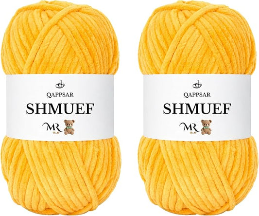SHMUEF Chenille Yarn 2-Pack – Ultra Soft Velvet Yarn, Super Bulky Weight (5–6 mm), Yarn for Crochet, Amigurumi & Baby Blankets (Dark Yellow)
