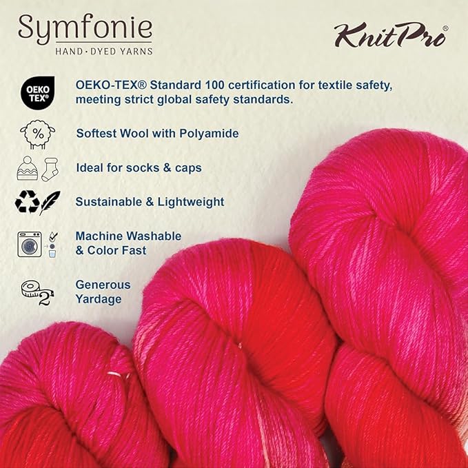 KnitPro Symfonie Fingering Weight Hand Dyed Variegated Yarn Skein | Extra Fine Merino Wool & Polyamide Blend for Knitting & Crocheting, Oeko-TEX Certified 400m, 100g | Terra Rhubarb
