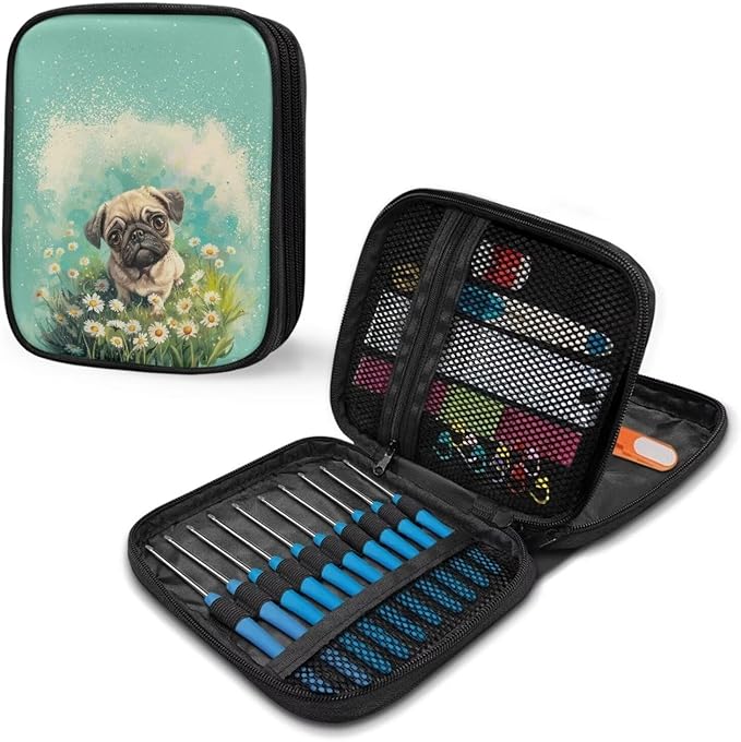 Hechitok Bulldog Floral Crochet Hook Case, Zipper Storage Organizer Bag with Web Pockets for Crochet Needles/Knitting Accessories/Crochet Hook Kit Tools Easy to Hold