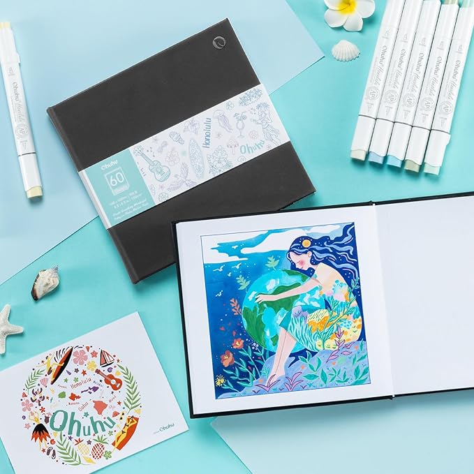 Ohuhu Double-Sided Marker Pad Art Sketchbook Bleedproof - 8.3"x8.3" Square Paper Size - 90 lb/150 gsm Smooth Drawing Paper - 60 Sheets/120 Pages - Hardcover Sketching Book for Alcohol Markers Paints