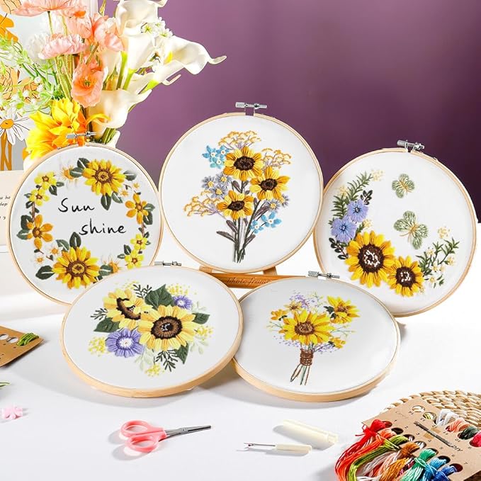 5 pack embroidery kit for beginners adults diy starter kit,sunflower gifts for women cross stitch kits with flower stamped patterns, embroidery hoop, tools,colorful threads,hand craft lover gift