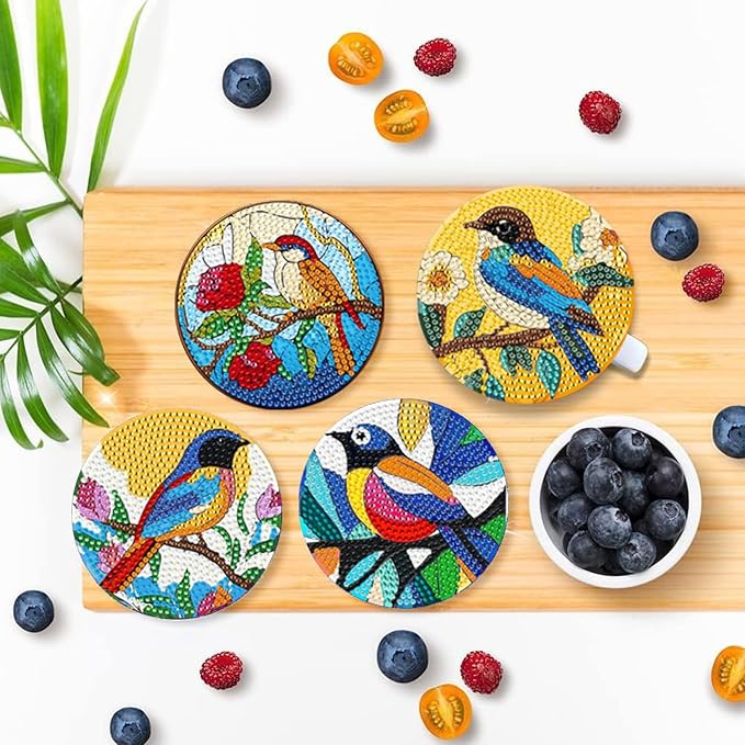EWJRNSF 8 PCS Small Diamond Art Coasters Kits, Diamond Painting Coasters, Fall Diamond Art Kits for Adults Beginners, Arts and Crafts Item Sets with Holder for Drinks Bird Style