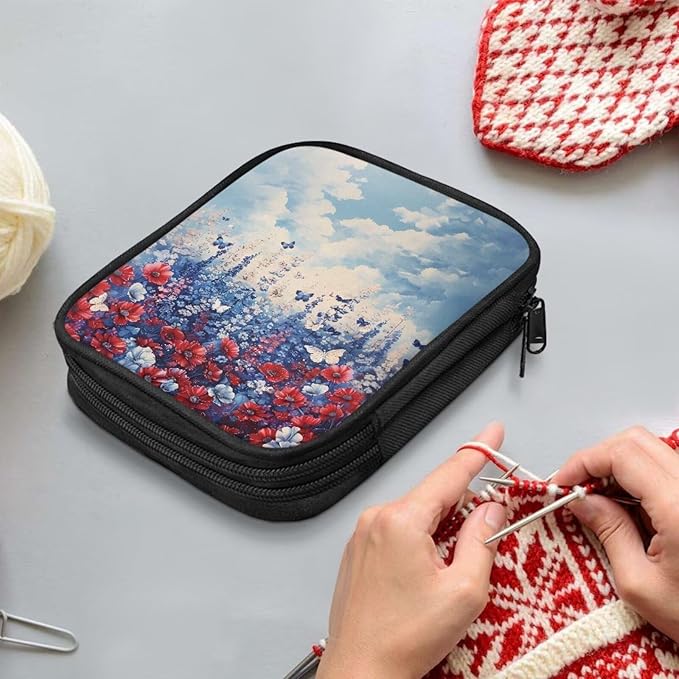 Hechitok Red Blue Flower Crochet Hook Case Organizer Stand Up Holder for Knitting Supplies