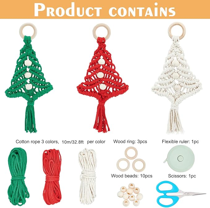 FREEBLOSS 3 Set Christmas Tree Macrame DIY Kit for Beginners Christmas Tree Hanging Ornaments for Holiday Wall Hanging