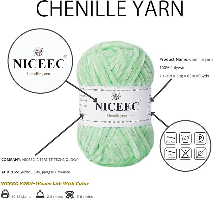 NICEEC 3 Skeins Soft Chenille Yarn Blanket Yarn for Knitting Fancy Yarn for Crochet Weaving DIY Craft Total Length 3×85m (3×93yds, 3×50g)_Light Green