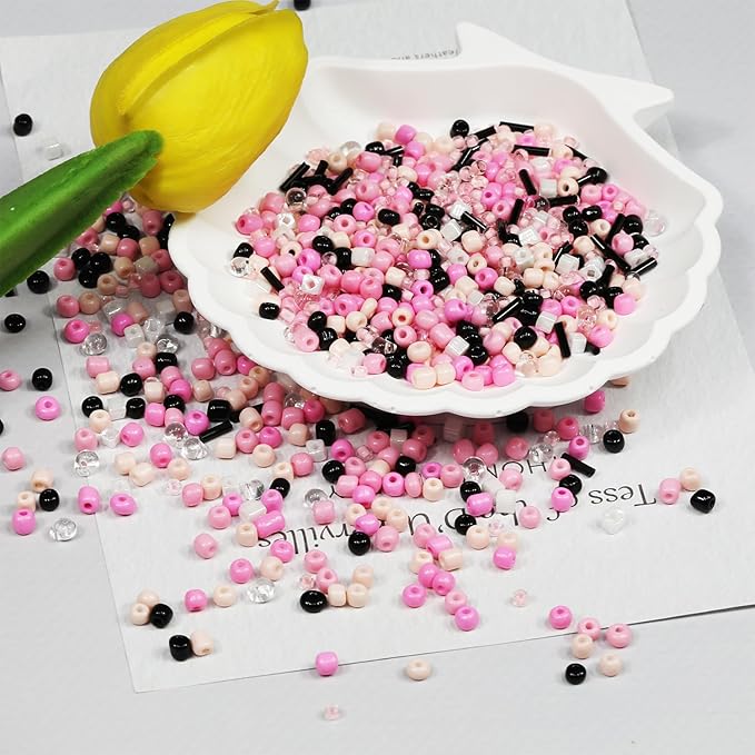 Bulk 4mm Pink & Black Seed Beads for Jewelry Making 110 Grams About 1600pcs,6/0 Glass Craft for Making Earrings, Bracelets, Pendants, Waist Jewelry, DIY Handmade Seed Beads(Pink & Black Mix)