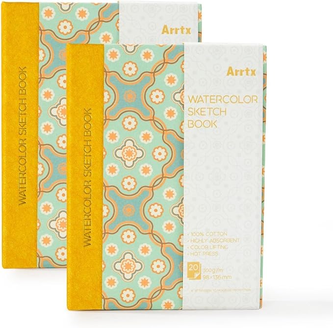 Arrtx Watercolor Sketchbook,100% Cotton Acid-Free 140lb/300gsm Hot Press Hardcover Watercolor Journal Notebook 2 Pack,40 Sheets 5.35 x 3.86 inches