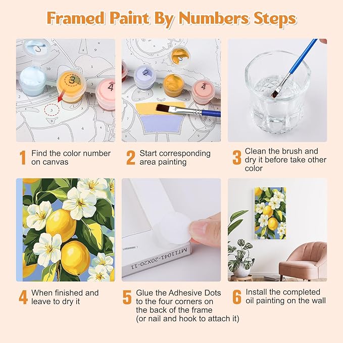 GHHKUD Lemon Paint by Numbers Kits with Frame for Adults Beginners, DIY Summer Flower Paint by Numbers for Kids, Painting Art on Canvas Gifts Home Wall Decor 20x30cm