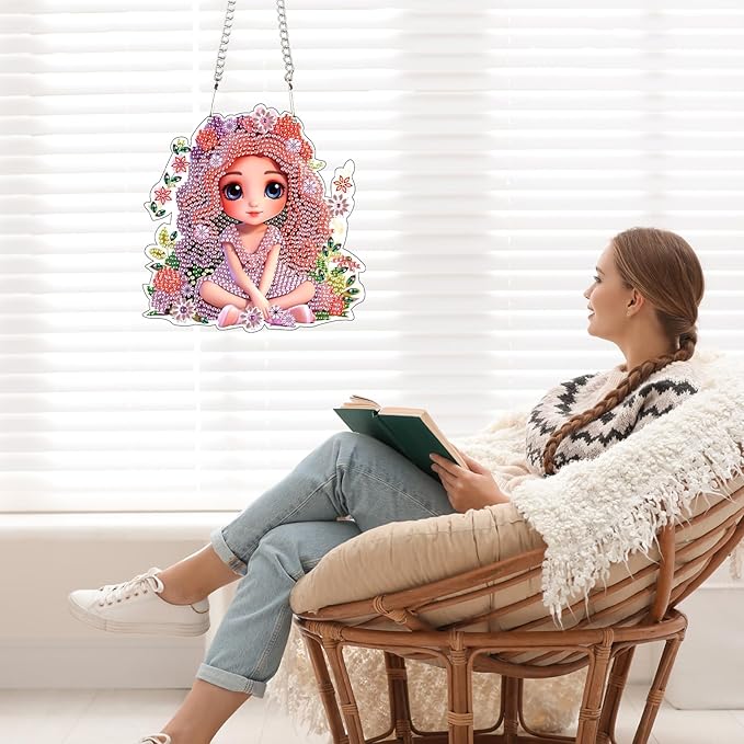 AiYuanzsh DIY Beautiful Girl Diamond Art Hanging Kit, Floral Special-Shaped Crystal Diamond Painting Pendant Ornament for Home Wall Decor Gift for Adults