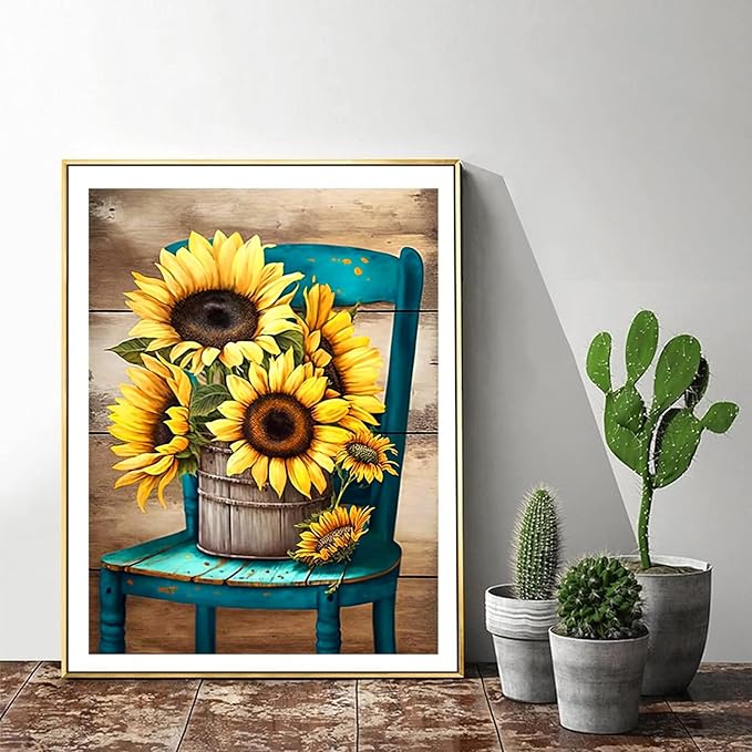 ijbnhd Sunflowers Diamond Art Kits for Adults,Chair Diamond Paintings Kits for Beginners, Full Drill Round DIY Crafts Kits Gift Home Wall Decor Gifts 12x16in