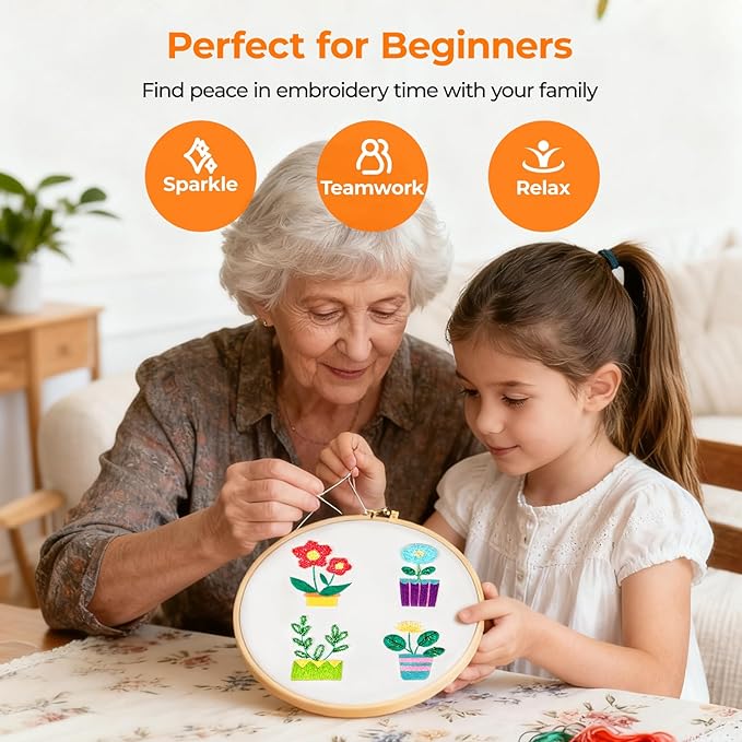 HTVRONT Sparkling Bead Embroidery Kit for Beginners- 3 Sets Complete Embroidery Kits with Step by Step Stitch Video & Instruction, Starter Embroidery Kit with 11 Stitches for Christmas Gifts for Woman
