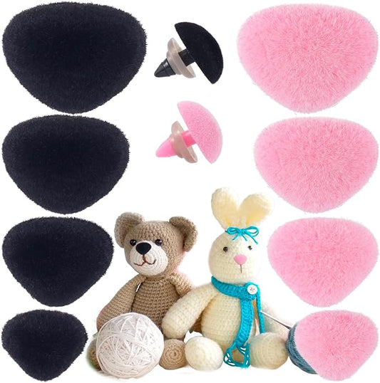 CustomyLife 32pcs Safety Noses for Amigurumi, 11/15/17/18mm Plastic Doll Noses for Crochet, Pink Black Flocking Teddy Bear Noses Stuffed with Washers for Craft Puppet Plush Toy Accessories
