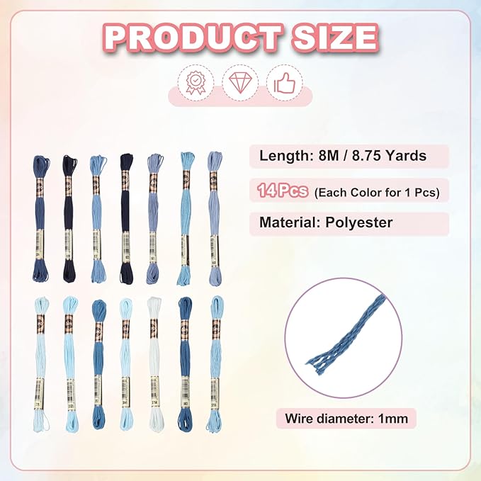 PATIKIL 14 Skeins Embroidery Floss, Polyester Embroidery Threads Bracelets String for Cross-Stitch Hand Embroidery, Multicolored Blue