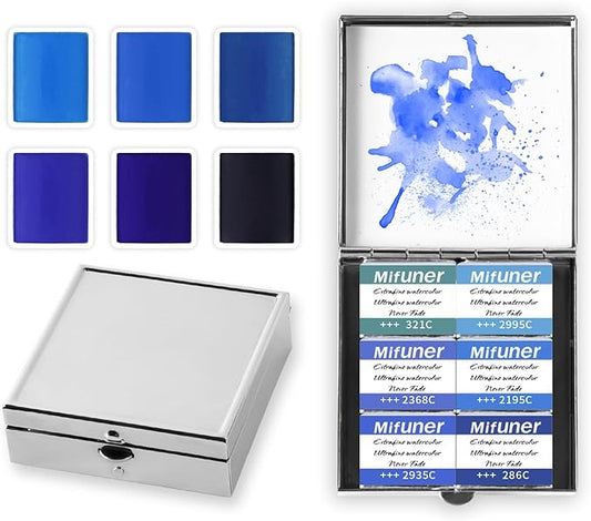 Mini Portable 6-Color Solid Watercolor Paint Set for Adults & Artists, High Tinting Strength Travel Art Kit for Beginners and Professionals, Half Pans (Each Capacity Approx 1.5ml).Blue Sea