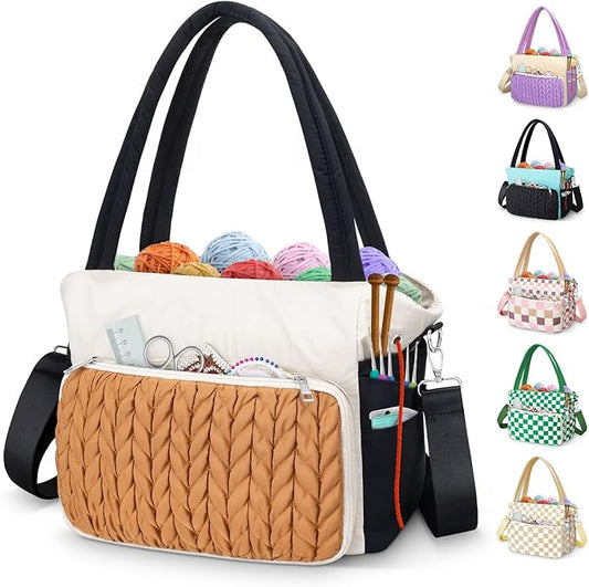 DALINDA Crochet Bag Organizer,Yarn Bag and Tote- Yarn Storage with Multiple Pockets for Crochet Supplies, Knitting Bag for Gifts,Portable & Durable(Brown)