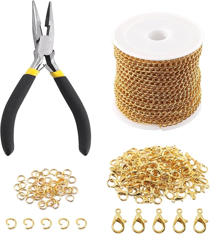 Keadic 102Pcs 30 Feet Jewelry Making Chains Kit W 3mm Metal Necklace Twisted Links Chain, Lobster Clasps, Open Jump Rings and Jewelry Pliers for Bracelet Earring Anklet DIY (Gold)