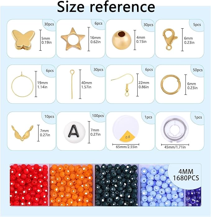 Xilitata 1800Pcs 4mm Glass Beads for Bracelets Jewelry Making, Faceted Bead Friendship Bracelet Kit, Rainbow Beads DIY Craft with Charms