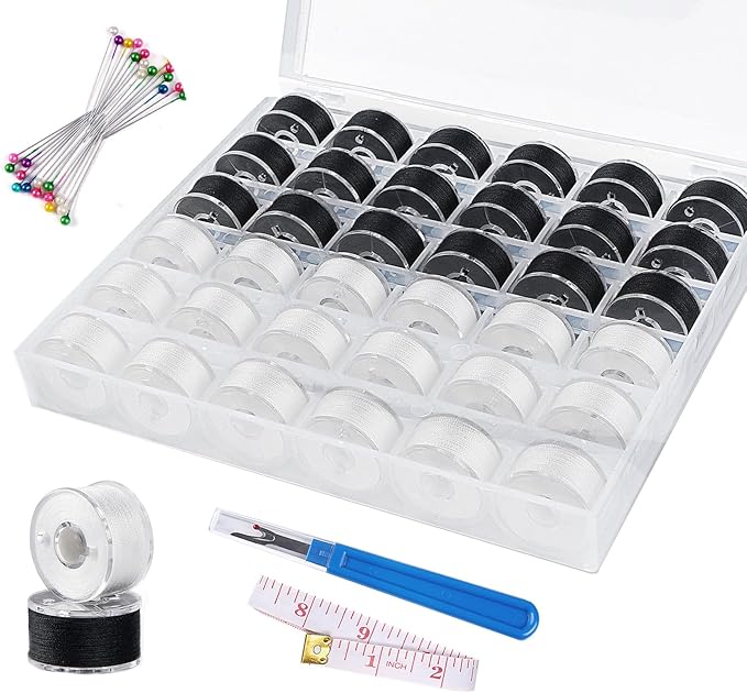 Black& White Bobbin Thread Set with Case - Prewound Class15 Bobbin for Singer/Brother/Janome/Embroidery Machines