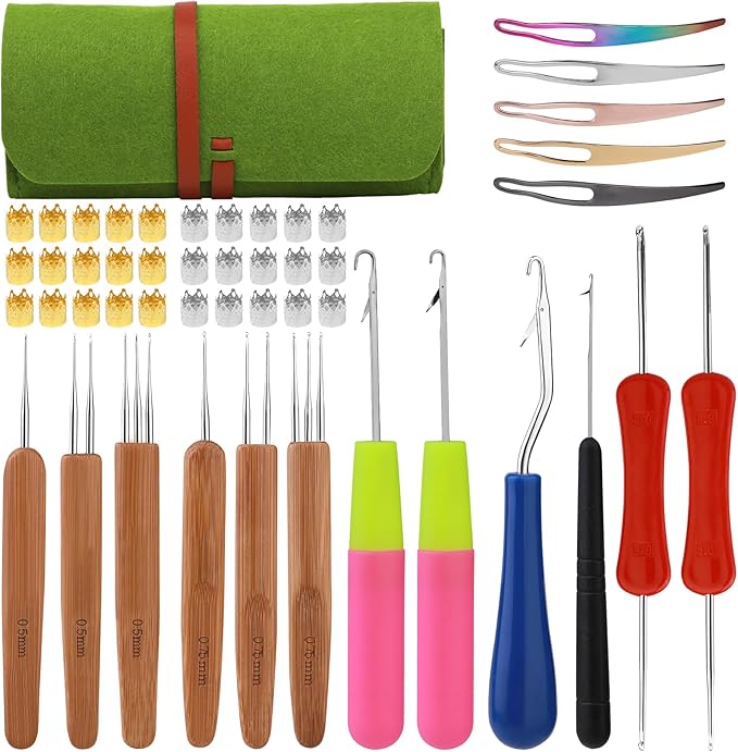 Loc Crochet Needle, 48 Pcs Dreadlock Crochet Hook Tool, 6 Dreadlock Crochet Needle for Hair, Different Size Bent Latch Hook, Crochet Hooks for Hair Braiding with Case and Dreadlocks Tool (Green Bag)