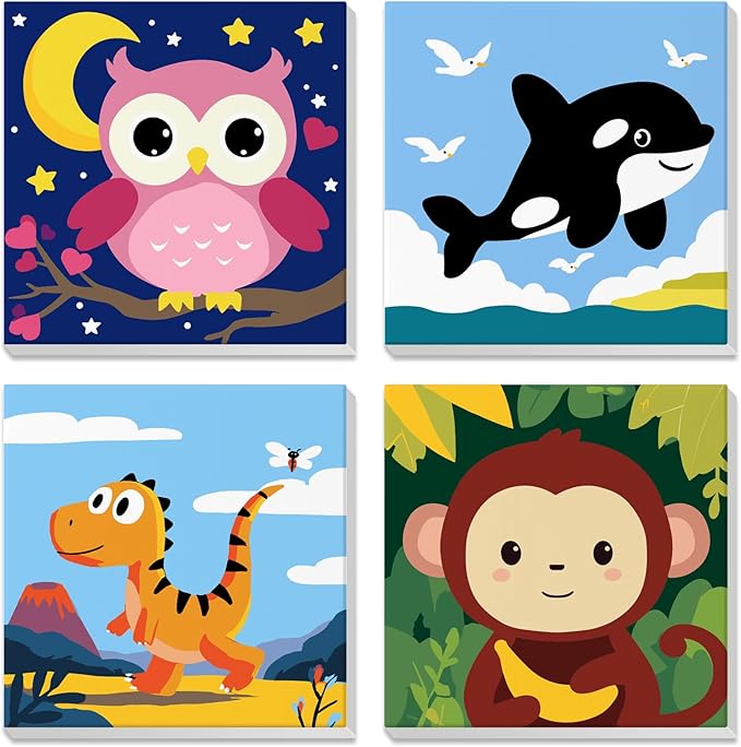 4 Pack Paint by Number for Kids with Wooden Frame, Cartoon Owl, Whale Paint by Numbers for Kids Ages 8-12, Baby Dinosaur, Monkey, DIY Acrylic Oil Painting for Beginners for Home Wall Decor 8X8 inch