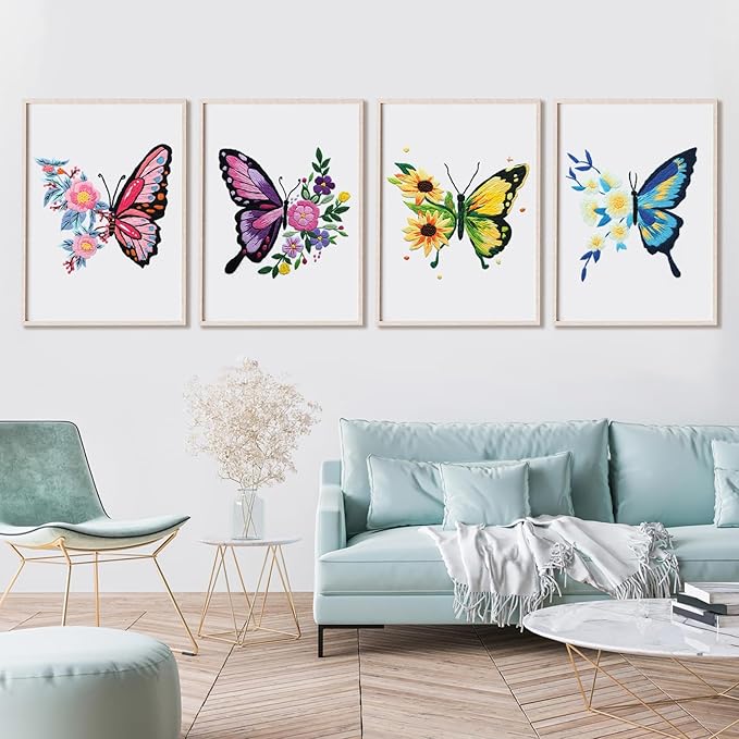 Enkor 4 Sets Embroidery Kit for Beginners Adults-Cross Stitch Kits for Beginner Easy to Learn Stitches from Instruction Video Needlepoint Kits with Stamped Embroidery Pattern-Butterfly B4