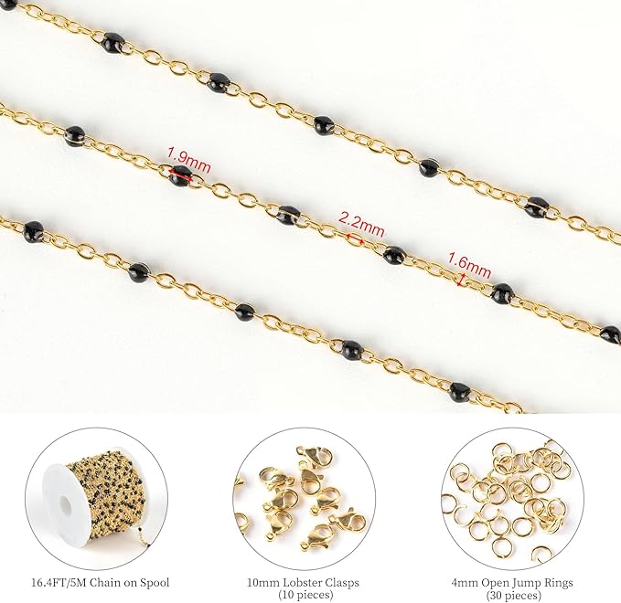KYUNHOO 16.4 Feet Gold Plated Chain for Jewelry Making Solid Stainless Steel Cable Chain Black Beaded Jewelry Chain Roll with Lobster Clasps Jump Rings