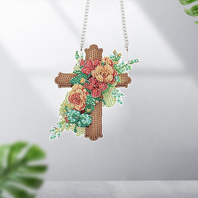 5D DIY Acrylic Cross Diamond Painting Pendant Kit, Floral Special Shaped Rhinestones Hanging Ornament, Diamond Art Hanging for Adults, Decorative Window, Wall or Door, Handmade Home and Holiday Gift