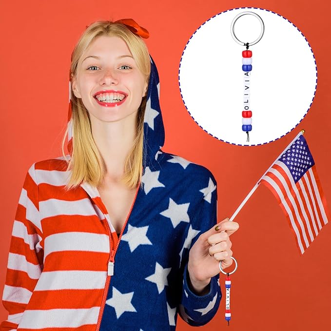 Landical 564 Pcs 4th of July Keychain Craft Kit DIY Patriotic Bead Keychain Making Supplies 250th Anniversary Key Gifts Name Beads Red Blue White Independence Day Memorial Day American Flag Favors