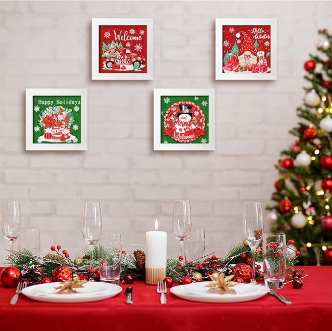 Geyoga 4 Pcs Christmas Diamond Painting Kits with Frame Christmas Snowman Gnome Diamond Art Kits for Adults Beginner Kids DIY Arts and Crafts Rhinestone Gem Art Home Wall Table Decor Gift 7 x 7 Inch