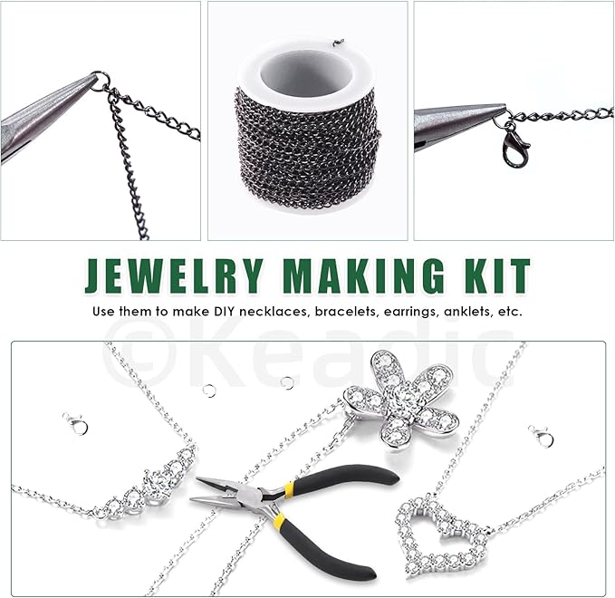 Keadic 102Pcs 30 Feet Jewelry Making Chains Kit W 3mm Metal Necklace Twisted Links Chain, Lobster Clasps, Open Jump Rings and Jewelry Pliers for Bracelet Earring Anklet DIY (Gun-Metal)