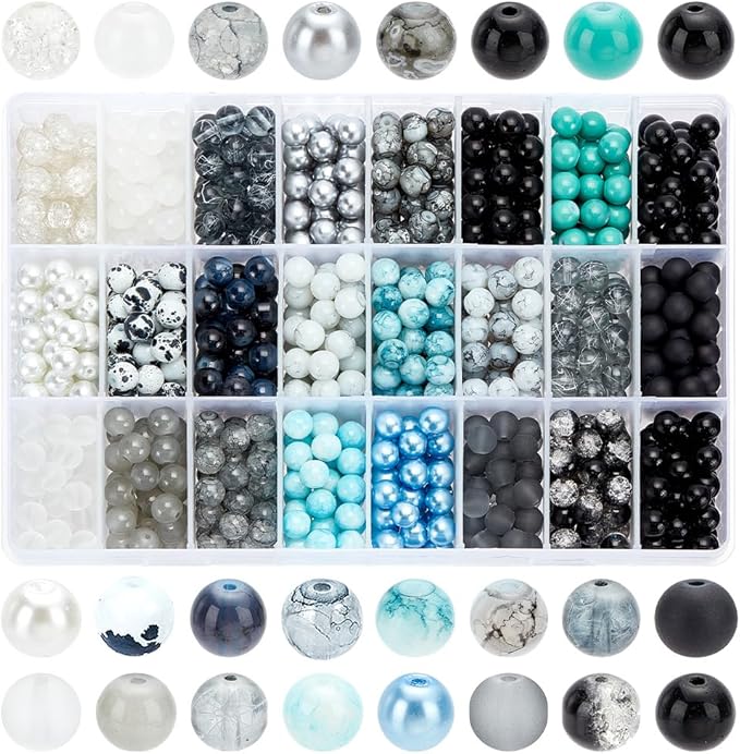 1080pcs 8mm Glass Beads 24 Color Black Bracelet Beads Round Crystal Glass Bead Marble Rosary Loose Bead for Bracelet Necklace Jewelry Making Supplies Women Men Eid Mubarak Ramadan Decoration